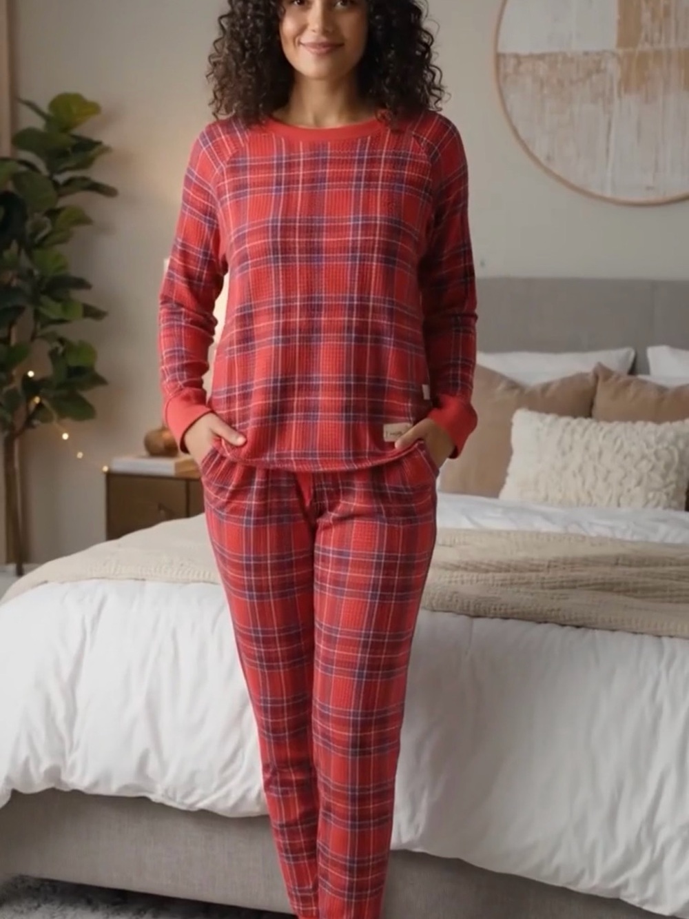 Macy’s New State of Day Cozy Red Top and Pant Set Red Plaid Soft Pajamas Large